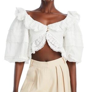 Farm Rio Cotton Off-White Lace Crop Top